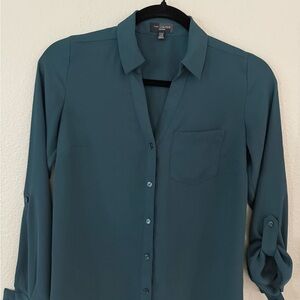 The Limited Women XXS Petite Ashton Button Blouse Roll Convertible Sleeve Teal